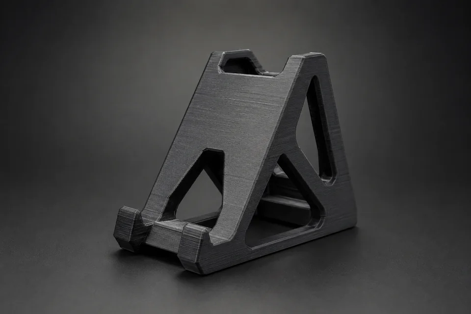 Чёрная треугольная подставка для смартфона после 3D-печати